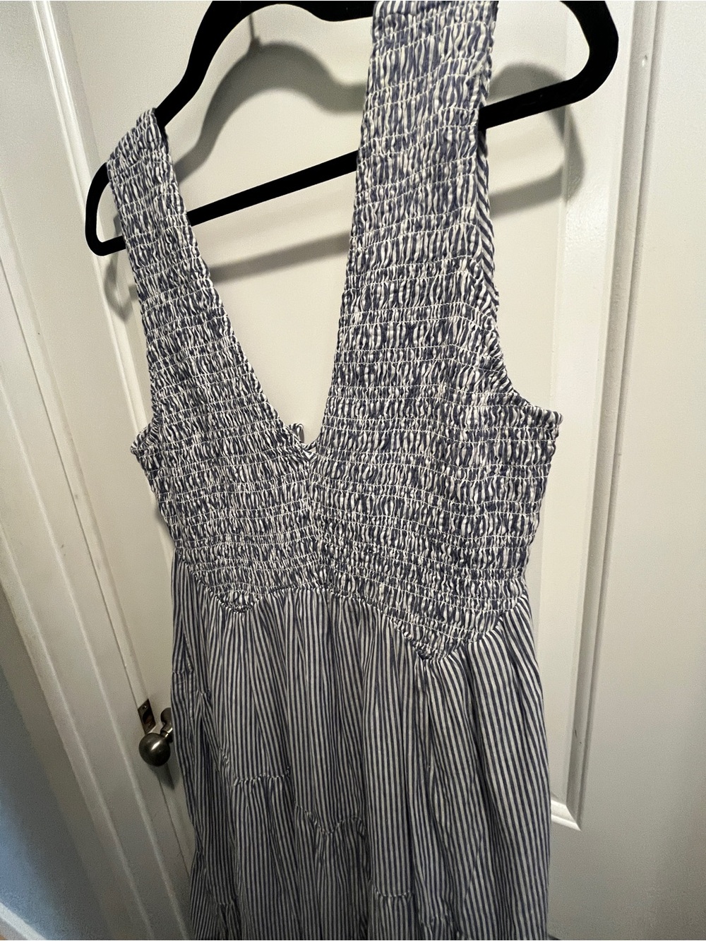 NWT Free People Juno Maxi Dress M Blue Ivory Stripe Smocked Cotton Pockets - Picture 4 of 10